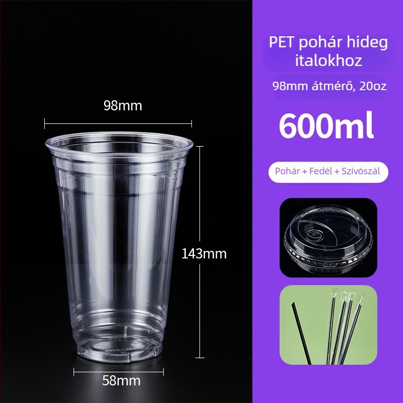 600 ml PET műanyag pohár fedővel, hideg italokhoz (tej-tea és kávé), egyszer használatos, kereskedelmi felhasználás, átmérő 98 mm