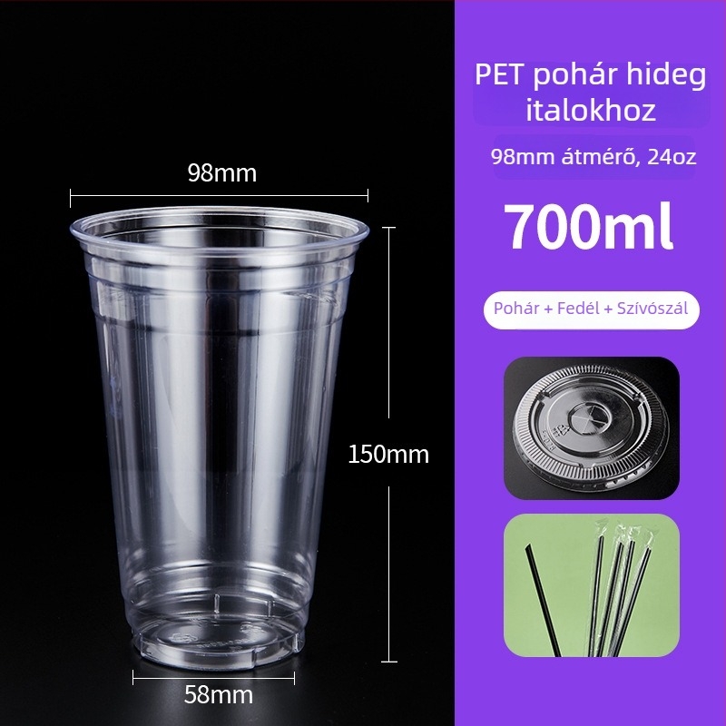 600 ml PET műanyag pohár fedővel, hideg italokhoz (tej-tea és kávé), egyszer használatos, kereskedelmi felhasználás, átmérő 98 mm