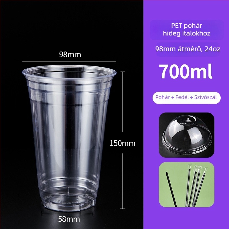 600 ml PET műanyag pohár fedővel, hideg italokhoz (tej-tea és kávé), egyszer használatos, kereskedelmi felhasználás, átmérő 98 mm