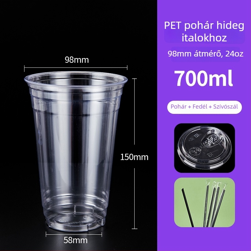 600 ml PET műanyag pohár fedővel, hideg italokhoz (tej-tea és kávé), egyszer használatos, kereskedelmi felhasználás, átmérő 98 mm