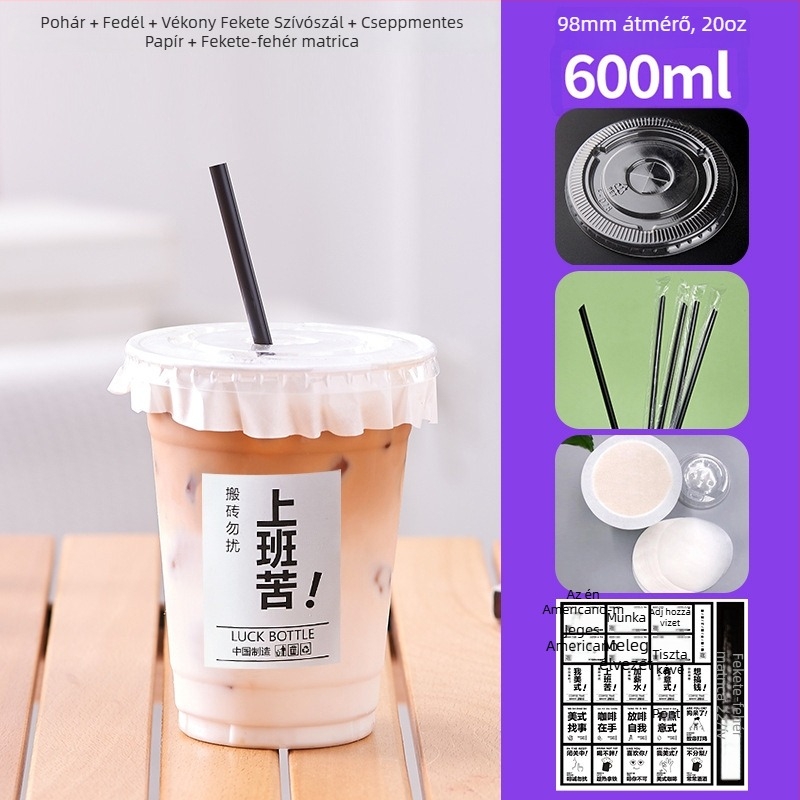 600 ml PET műanyag pohár fedővel, hideg italokhoz (tej-tea és kávé), egyszer használatos, kereskedelmi felhasználás, átmérő 98 mm