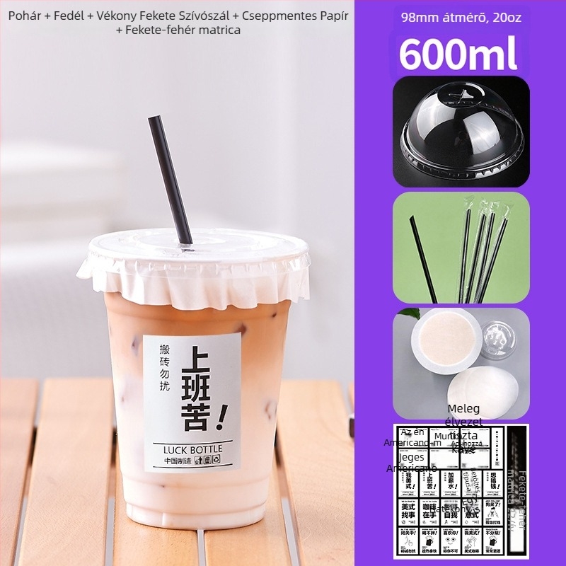 600 ml PET műanyag pohár fedővel, hideg italokhoz (tej-tea és kávé), egyszer használatos, kereskedelmi felhasználás, átmérő 98 mm