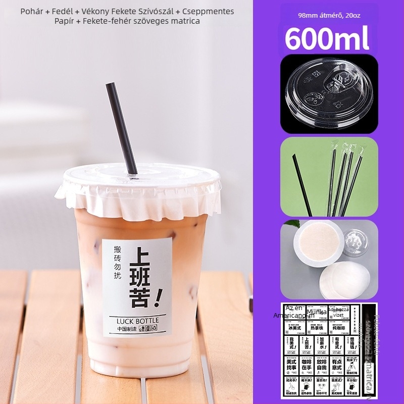 600 ml PET műanyag pohár fedővel, hideg italokhoz (tej-tea és kávé), egyszer használatos, kereskedelmi felhasználás, átmérő 98 mm