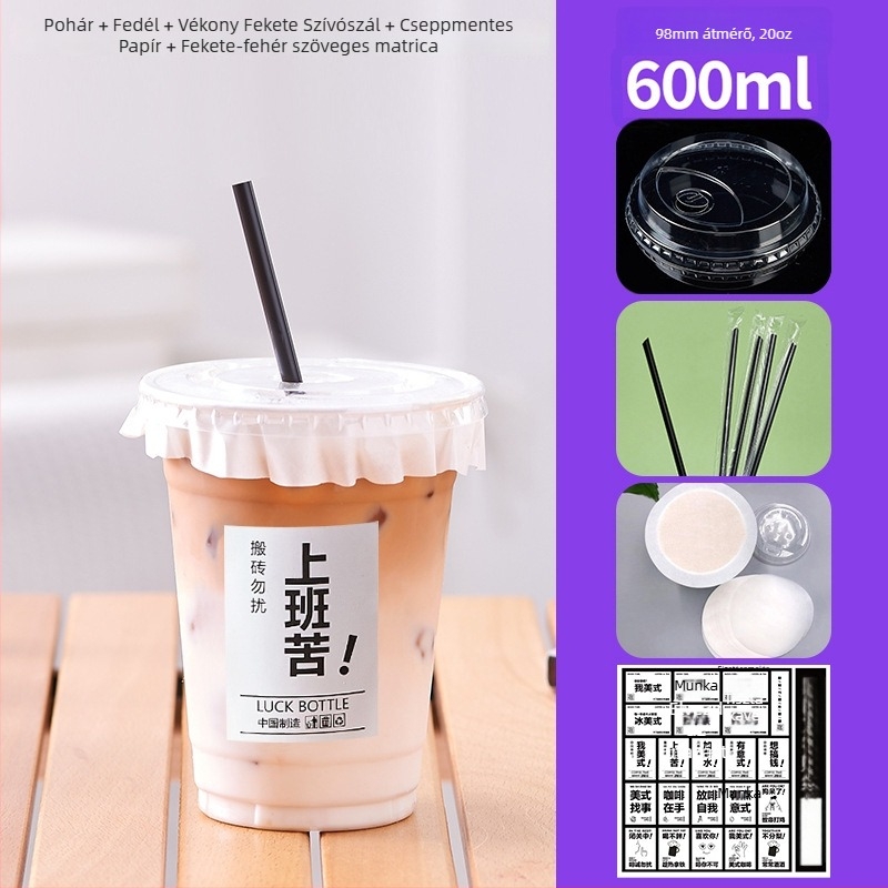 600 ml PET műanyag pohár fedővel, hideg italokhoz (tej-tea és kávé), egyszer használatos, kereskedelmi felhasználás, átmérő 98 mm