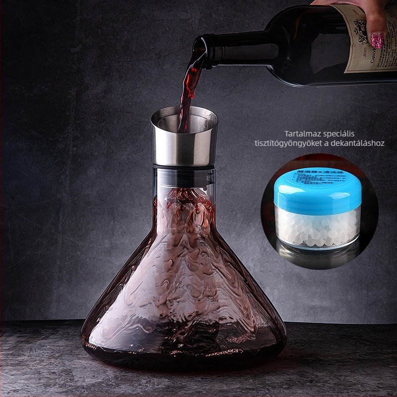 Kristály üvegből készült boros decanter szűrővel, zuhatagszerű kiömlés, kapacitás 1000 ml feletti