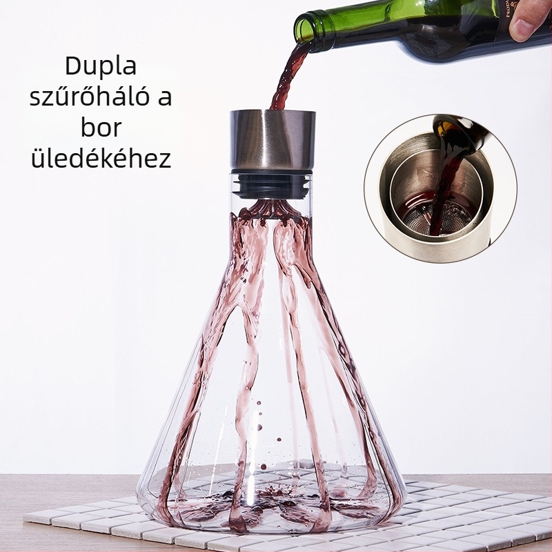 Kristály üvegből készült boros decanter szűrővel, zuhatagszerű kiömlés, kapacitás 1000 ml feletti
