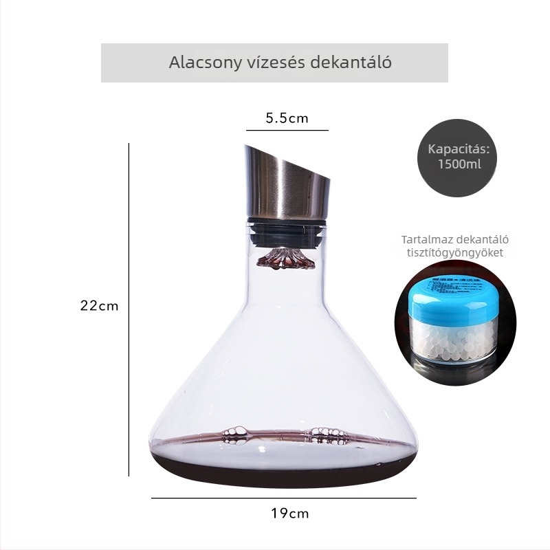 Kristály üvegből készült boros decanter szűrővel, zuhatagszerű kiömlés, kapacitás 1000 ml feletti