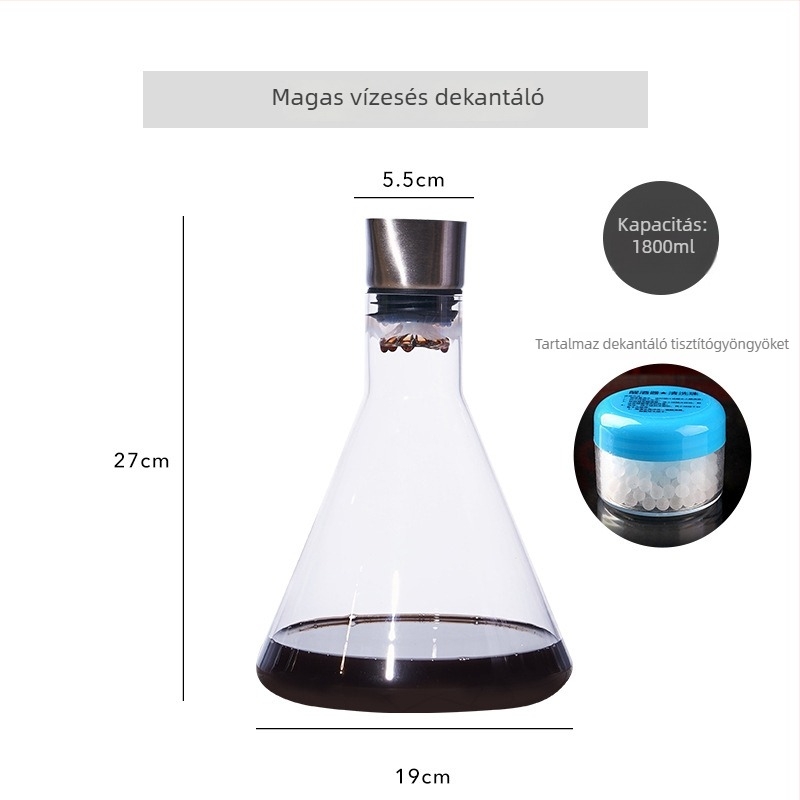 Kristály üvegből készült boros decanter szűrővel, zuhatagszerű kiömlés, kapacitás 1000 ml feletti