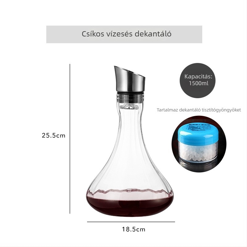 Kristály üvegből készült boros decanter szűrővel, zuhatagszerű kiömlés, kapacitás 1000 ml feletti