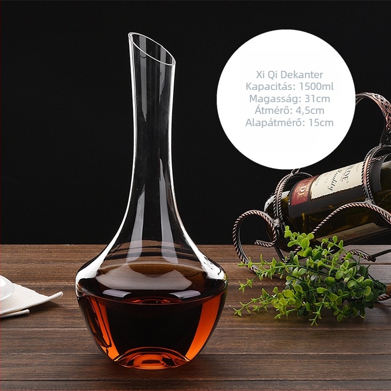 Kristály üvegből készült boros decanter szűrővel, zuhatagszerű kiömlés, kapacitás 1000 ml feletti