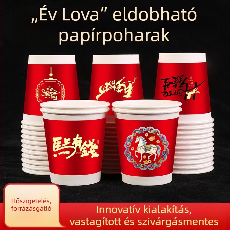 Ló éve egyszer használatos papírt poharak, élelmiszer-minőségűek, vastagított és erősek, ünnepi poharak a Tavaszi Fesztiválhoz