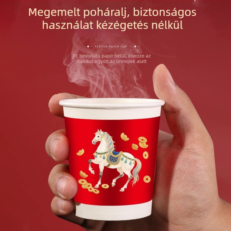Ló éve egyszer használatos papírt poharak, élelmiszer-minőségűek, vastagított és erősek, ünnepi poharak a Tavaszi Fesztiválhoz