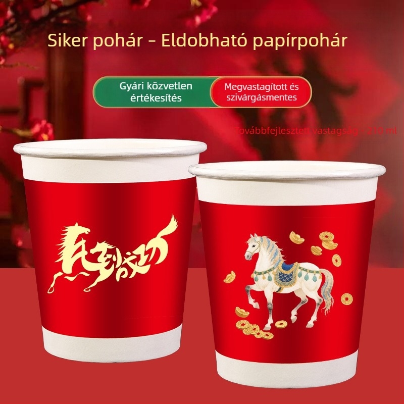 Ló éve egyszer használatos papírt poharak, élelmiszer-minőségűek, vastagított és erősek, ünnepi poharak a Tavaszi Fesztiválhoz