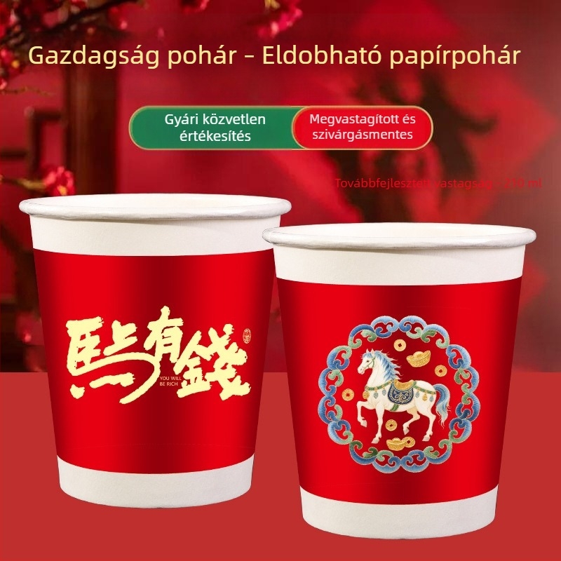 Ló éve egyszer használatos papírt poharak, élelmiszer-minőségűek, vastagított és erősek, ünnepi poharak a Tavaszi Fesztiválhoz