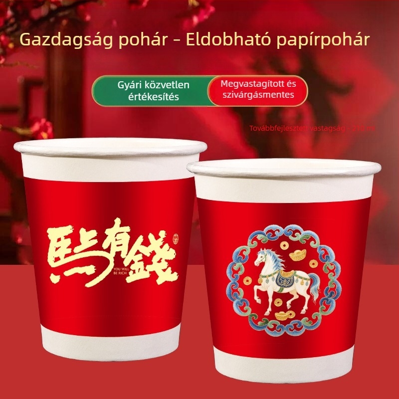 Ló éve egyszer használatos papírt poharak, élelmiszer-minőségűek, vastagított és erősek, ünnepi poharak a Tavaszi Fesztiválhoz