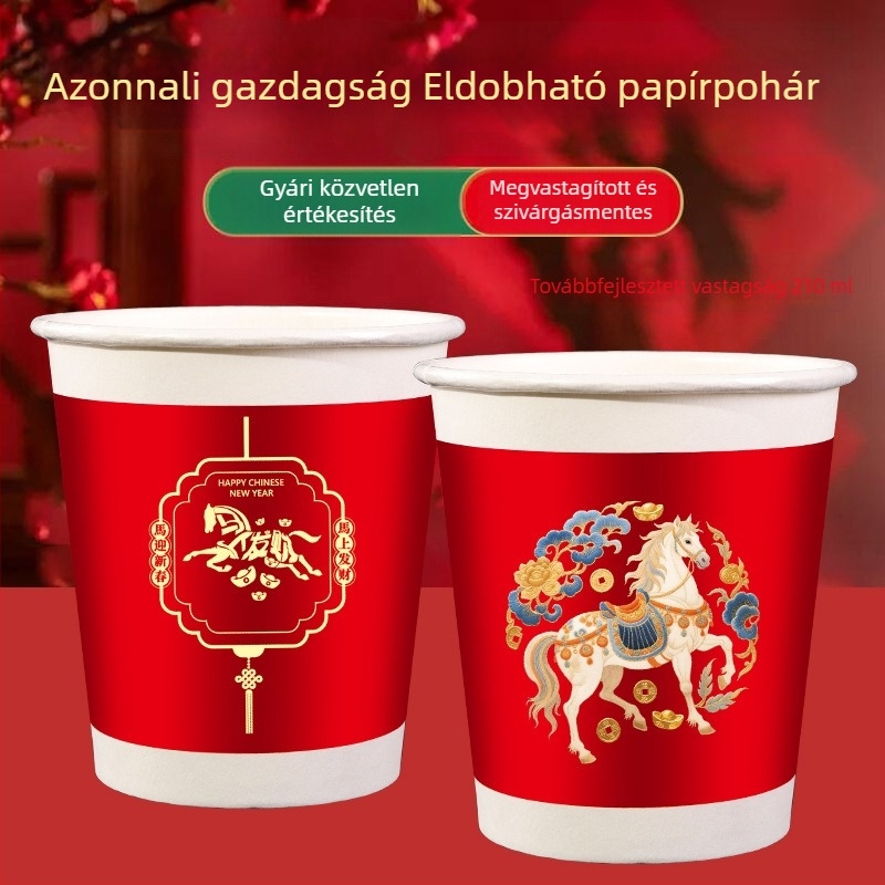 Ló éve egyszer használatos papírt poharak, élelmiszer-minőségűek, vastagított és erősek, ünnepi poharak a Tavaszi Fesztiválhoz