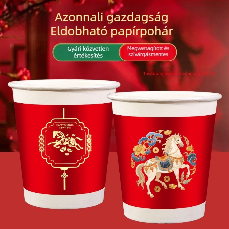 Ló éve egyszer használatos papírt poharak, élelmiszer-minőségűek, vastagított és erősek, ünnepi poharak a Tavaszi Fesztiválhoz