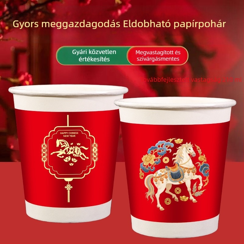 Ló éve egyszer használatos papírt poharak, élelmiszer-minőségűek, vastagított és erősek, ünnepi poharak a Tavaszi Fesztiválhoz