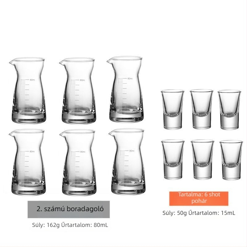Otthoni használatra tervezett szeszes italok adagoló készlet, elegáns kis shot pohár, magas minőségű boros készlet mérő pohár tartóval.