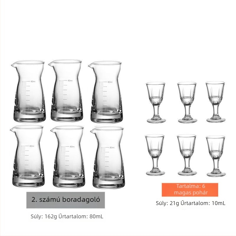Otthoni használatra tervezett szeszes italok adagoló készlet, elegáns kis shot pohár, magas minőségű boros készlet mérő pohár tartóval.