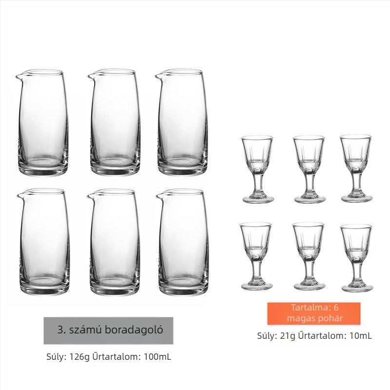 Otthoni használatra tervezett szeszes italok adagoló készlet, elegáns kis shot pohár, magas minőségű boros készlet mérő pohár tartóval.