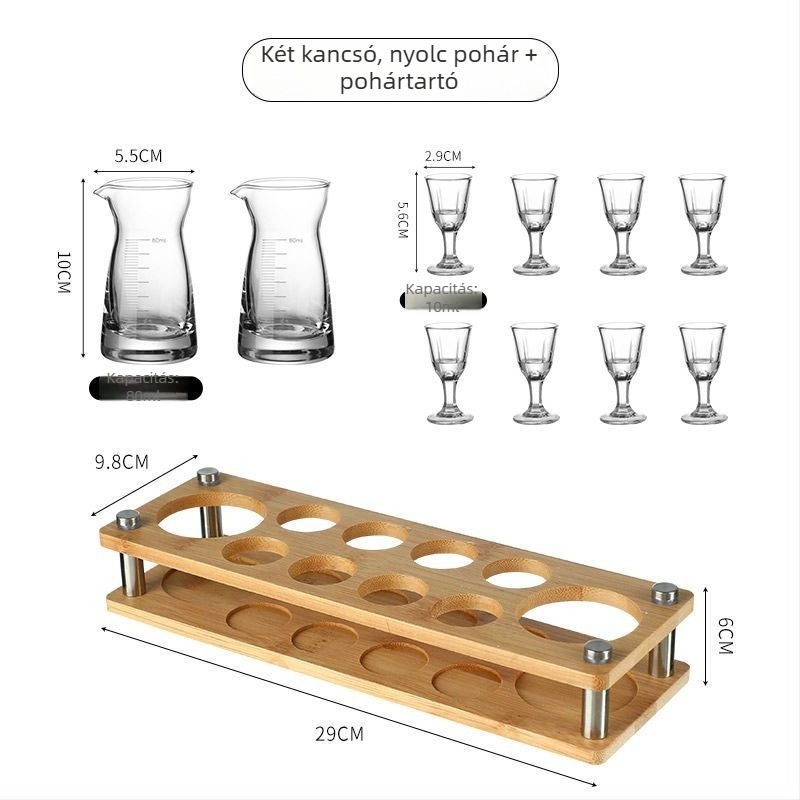 Otthoni használatra tervezett szeszes italok adagoló készlet, elegáns kis shot pohár, magas minőségű boros készlet mérő pohár tartóval.