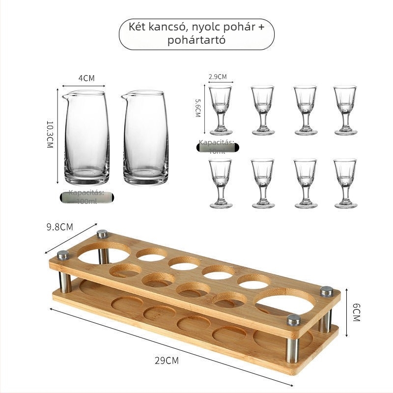 Otthoni használatra tervezett szeszes italok adagoló készlet, elegáns kis shot pohár, magas minőségű boros készlet mérő pohár tartóval.
