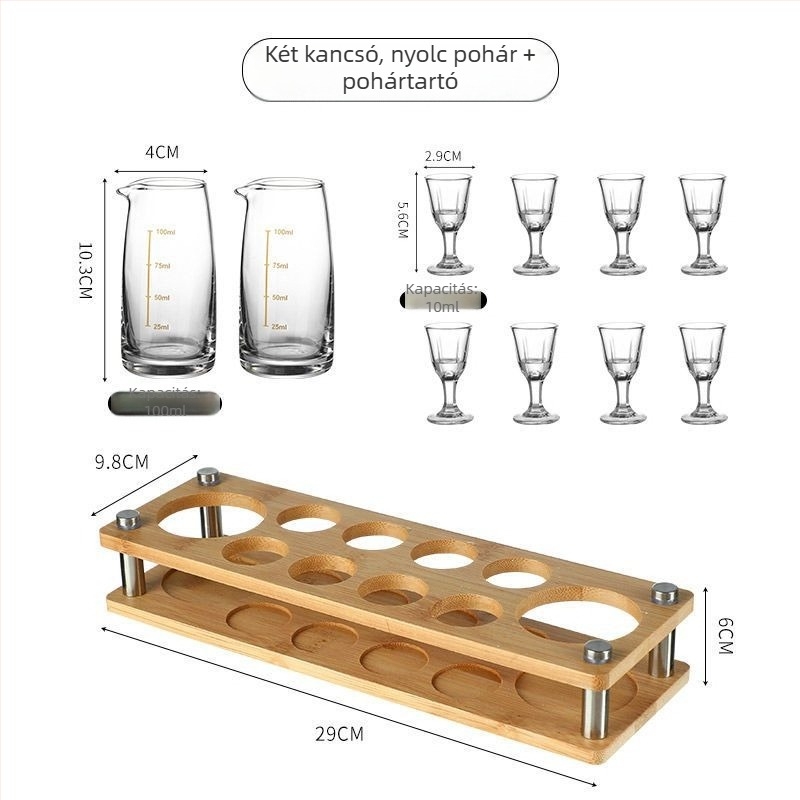 Otthoni használatra tervezett szeszes italok adagoló készlet, elegáns kis shot pohár, magas minőségű boros készlet mérő pohár tartóval.