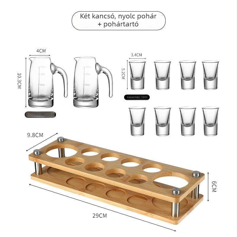Otthoni használatra tervezett szeszes italok adagoló készlet, elegáns kis shot pohár, magas minőségű boros készlet mérő pohár tartóval.