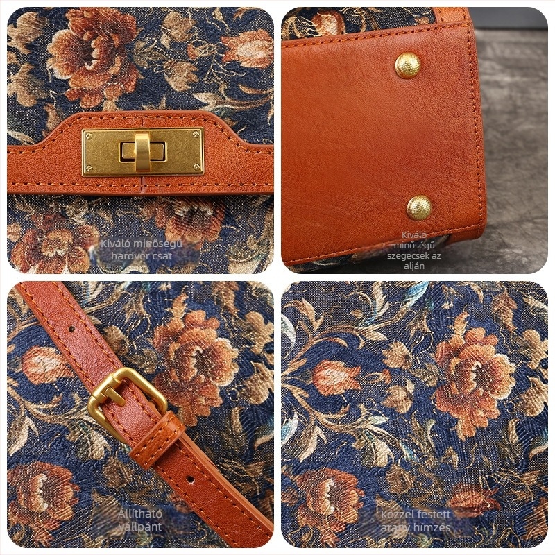 Valódi bőr, retro virágos hímzés és patchwork, Kelly-stílusú váll- és crossbody táska