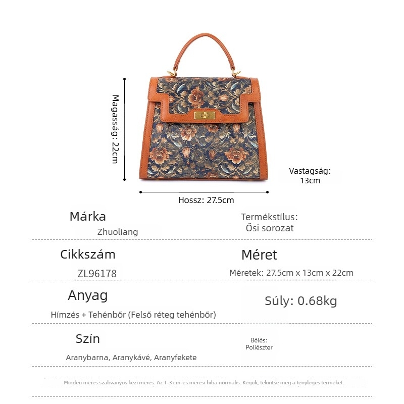 Valódi bőr, retro virágos hímzés és patchwork, Kelly-stílusú váll- és crossbody táska