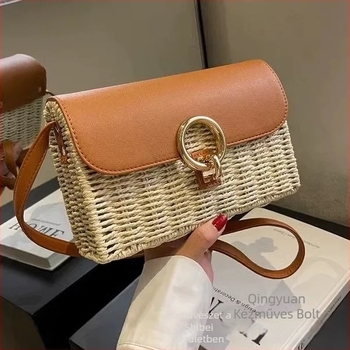 Női négyzet alakú szövött crossbody táska záródó csattal, mindennapi és strand használatra