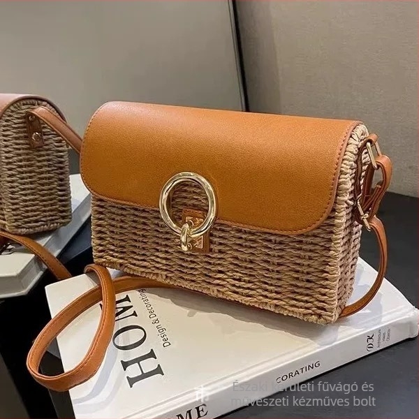 Női négyzet alakú szövött crossbody táska záródó csattal, mindennapi és strand használatra