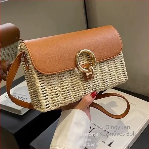 Női négyzet alakú szövött crossbody táska záródó csattal, mindennapi és strand használatra