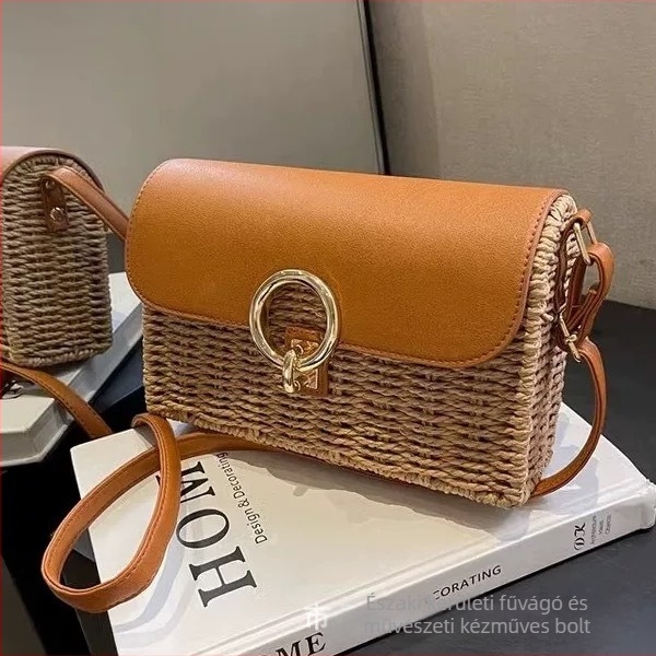 Női négyzet alakú szövött crossbody táska záródó csattal, mindennapi és strand használatra