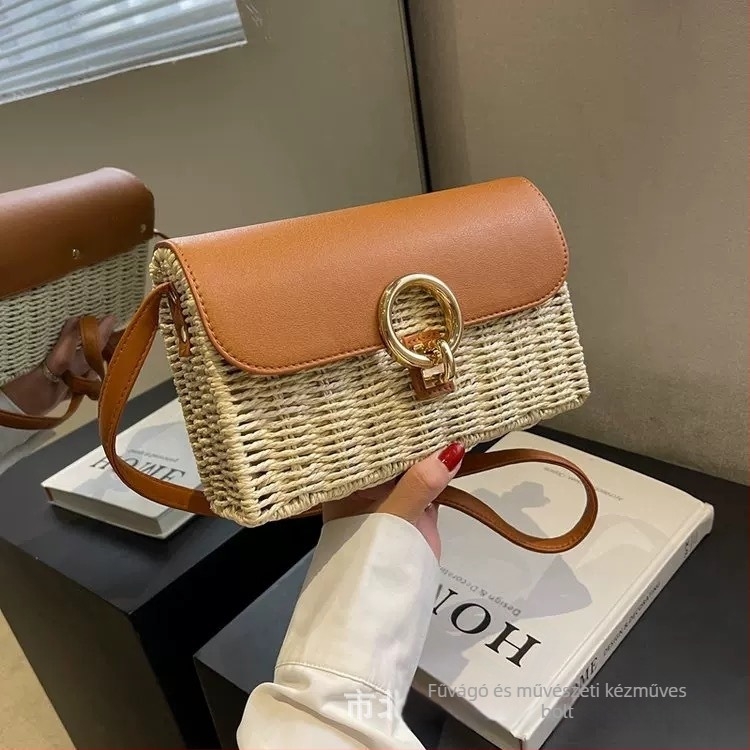 Női négyzet alakú szövött crossbody táska záródó csattal, mindennapi és strand használatra