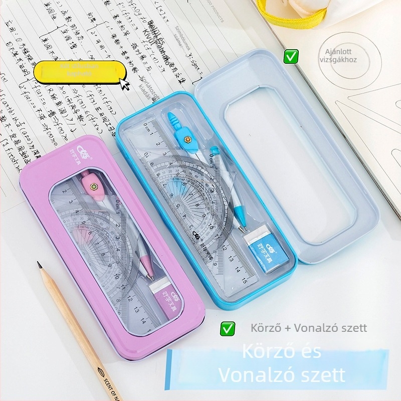 7 részes készlet körzővel és vonalzóval diákok számára logó testreszabással