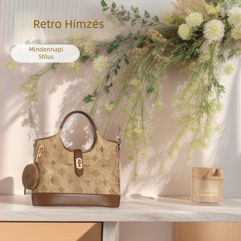 Vintage női Tote táska hímzéssel, barna PU bőr, hobó stílus, 2026 tavasz