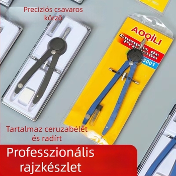 Precíz csavaros körző fémdobozban, mérnöki rajzhoz és vizsgákhoz