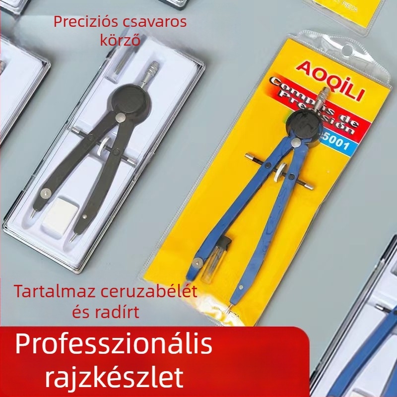 Precíz csavaros körző fémdobozban, mérnöki rajzhoz és vizsgákhoz
