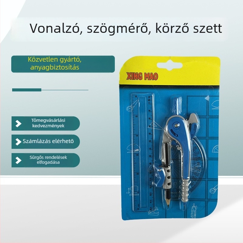 3 részes műanyag körzőkészlet, szögmérővel és vonalzóval – rajzhoz és tanuláshoz