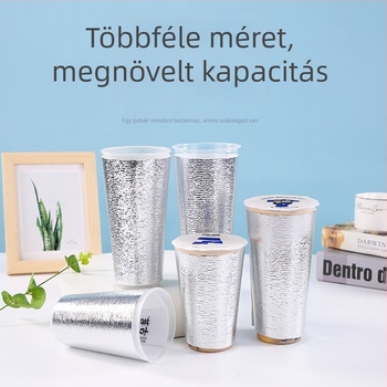 500 ml tej-tea pohárhoz szigetelő ujjvédő, egyszer használatos alumíniumfóliával és pearl cotton habbal – melegen vagy hidegen tartja