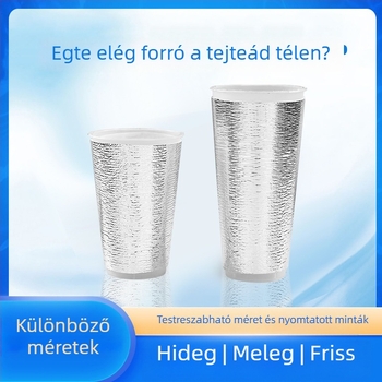 500 ml tej-tea pohárhoz szigetelő ujjvédő, egyszer használatos alumíniumfóliával és pearl cotton habbal – melegen vagy hidegen tartja