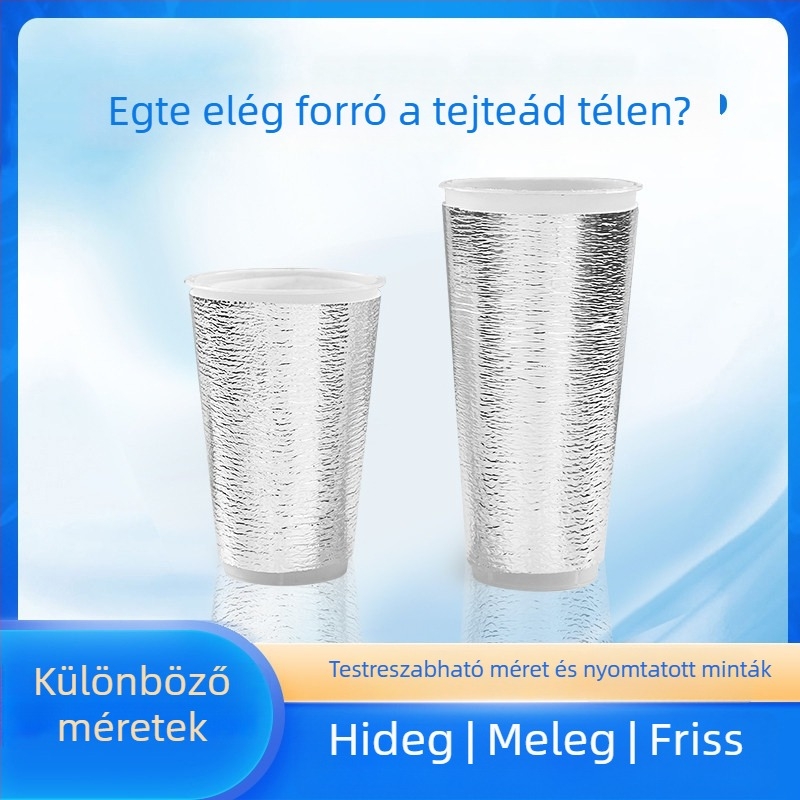 500 ml tej-tea pohárhoz szigetelő ujjvédő, egyszer használatos alumíniumfóliával és pearl cotton habbal – melegen vagy hidegen tartja
