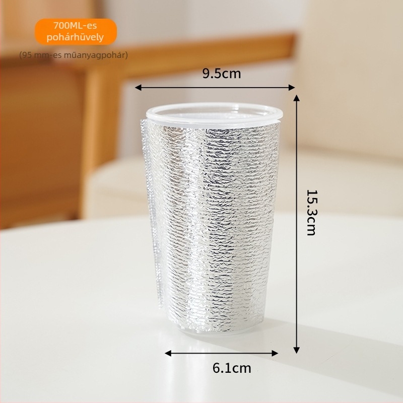 500 ml tej-tea pohárhoz szigetelő ujjvédő, egyszer használatos alumíniumfóliával és pearl cotton habbal – melegen vagy hidegen tartja