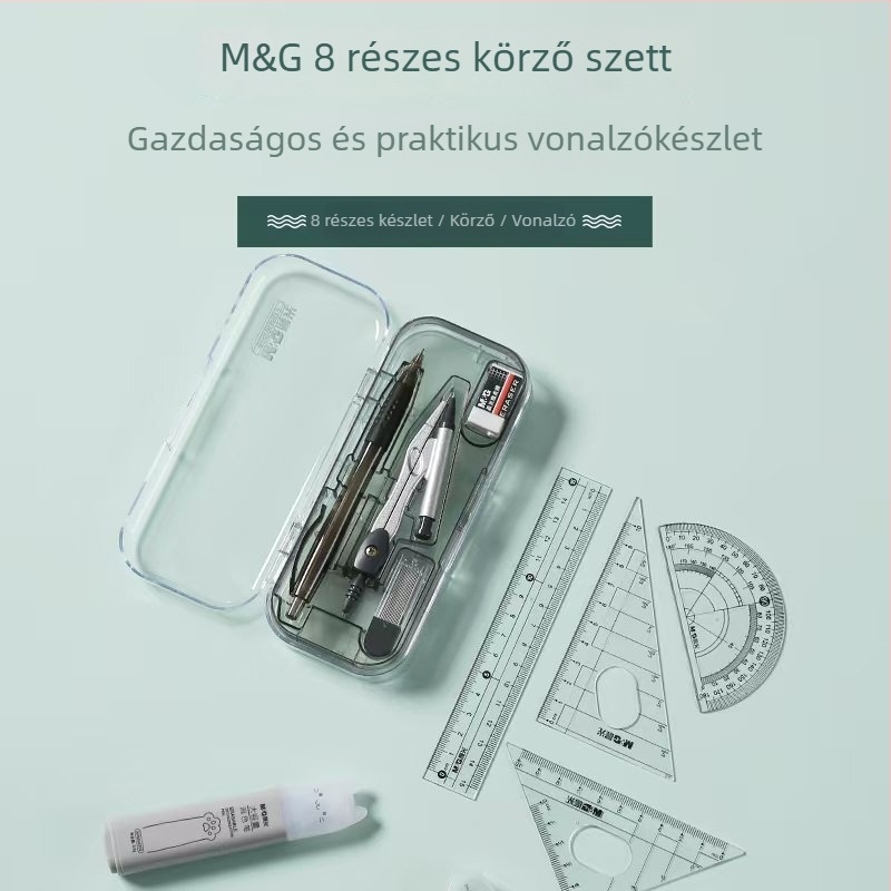 8 darabos irodai készlet: körző, vonalzó készlet, vizsgákhoz megfelelő háromszög és egyenes vonalzó – Geometriai eszközök 790806/90807
