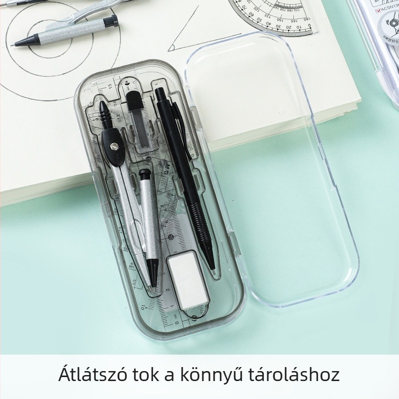 Nyolcrészes körző- és vonalzókészlet: egyenes vonalzó, háromszögvonalzó és szögmérő a rajzoláshoz és méréshez