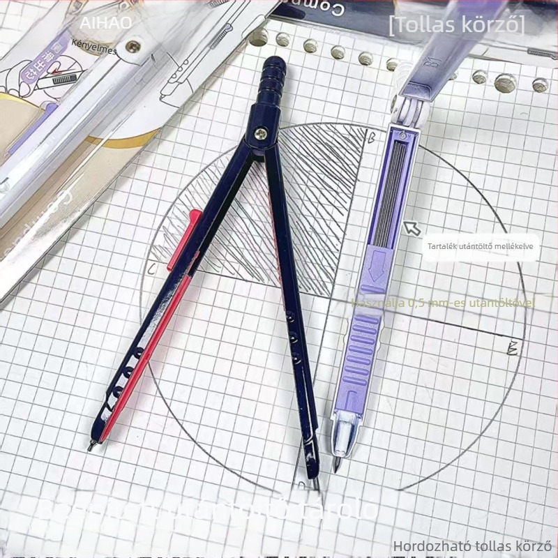 Toll-stílusú fémből készült körző, rajzhoz és matematikához, nyomásra kioldó mechanizmussal, általános iskolásoknak