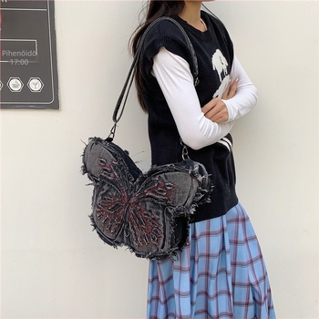 Női mosott denim táska – egyedi dizájnnal, pillangó alakú, punk stílus, vállon, crossbody és hátizsák