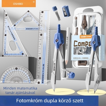 Tanulók geometriai készlet: körző, vonalzó, háromszög, fokmérő, radír és mechanikus ceruza